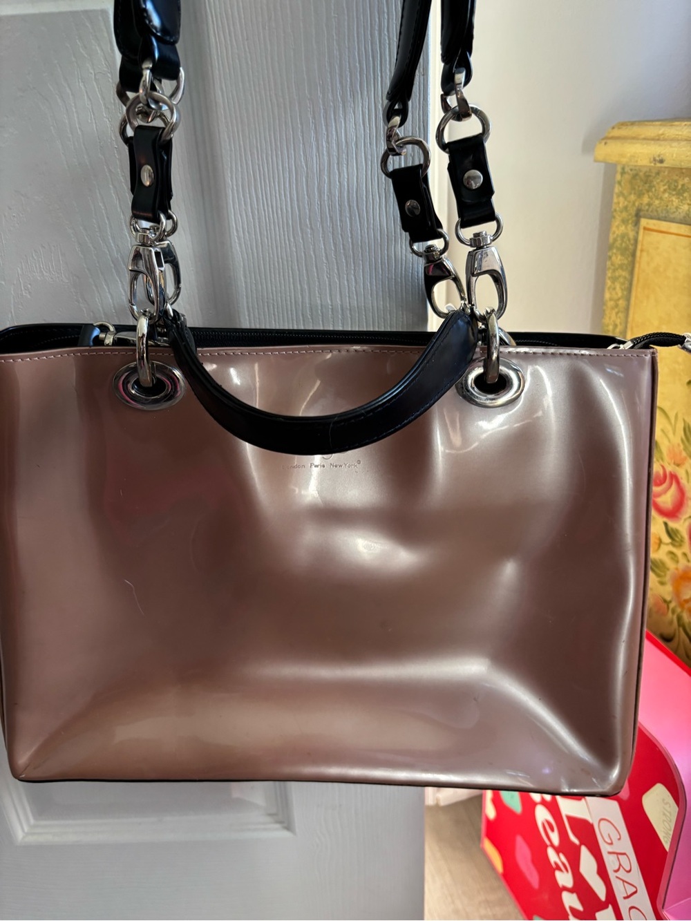Beijo Glossy Taupe Tote Bag with Black Handles - Like New